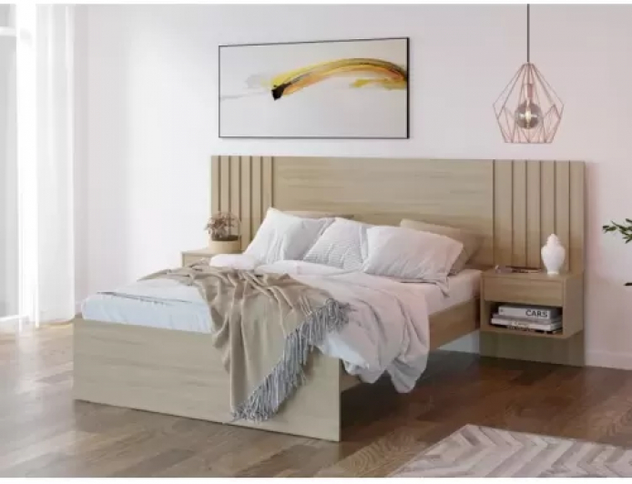 Cama Casal Com Painel Ripado e 2 Mesas de Cabeceira Hanover Robel